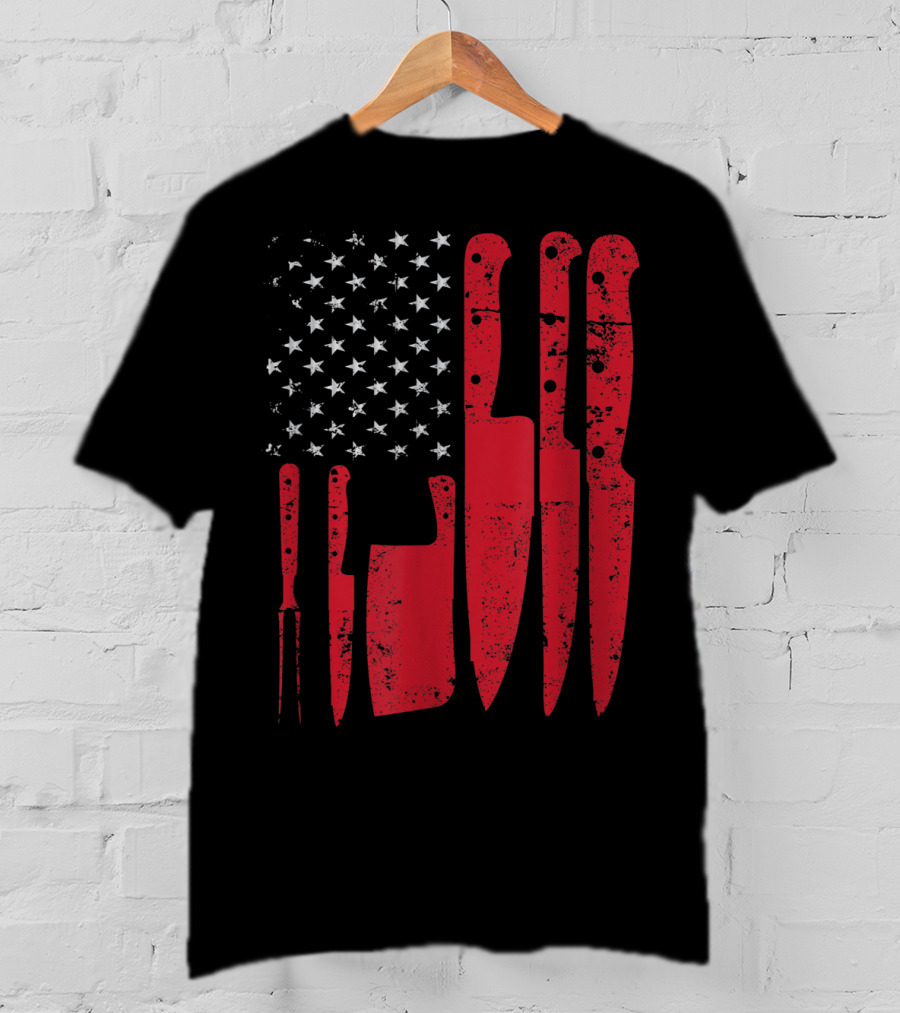 American Flag Stars Butcher Knife Set Vintage Look T-Shirt