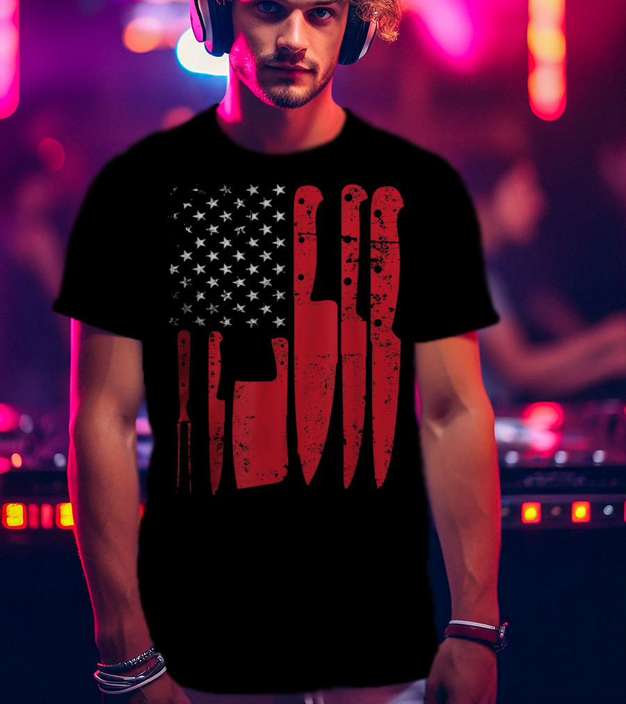 American Flag Stars Butcher Knife Set Vintage Look T-Shirt