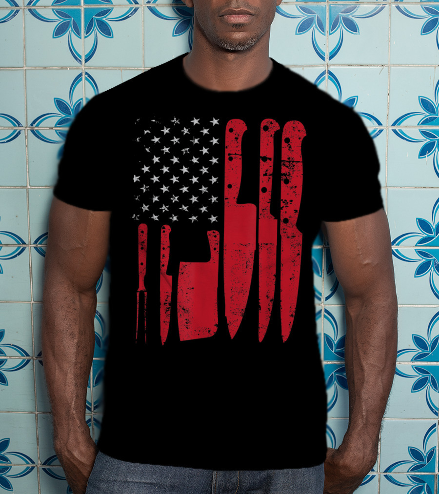 American Flag Stars Butcher Knife Set Vintage Look T-Shirt