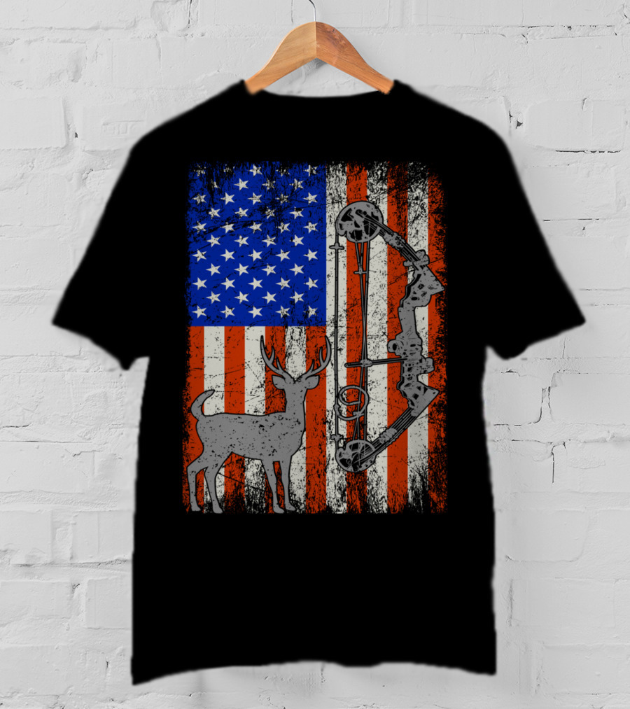 American Flag Deer Bow Hunter Hunting T-Shirt
