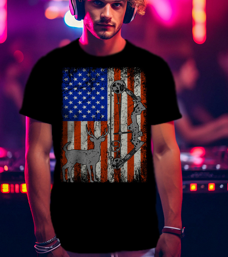 American Flag Deer Bow Hunter Hunting T-Shirt