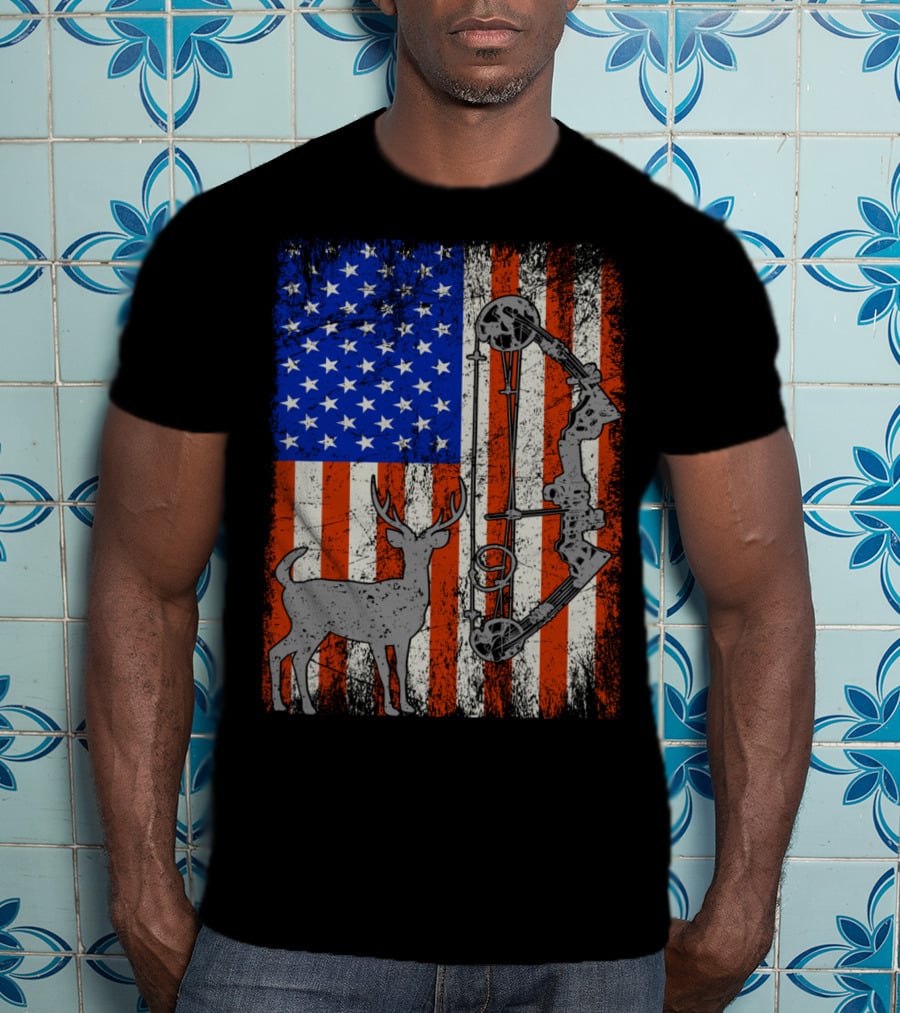 American Flag Deer Bow Hunter Hunting T-Shirt