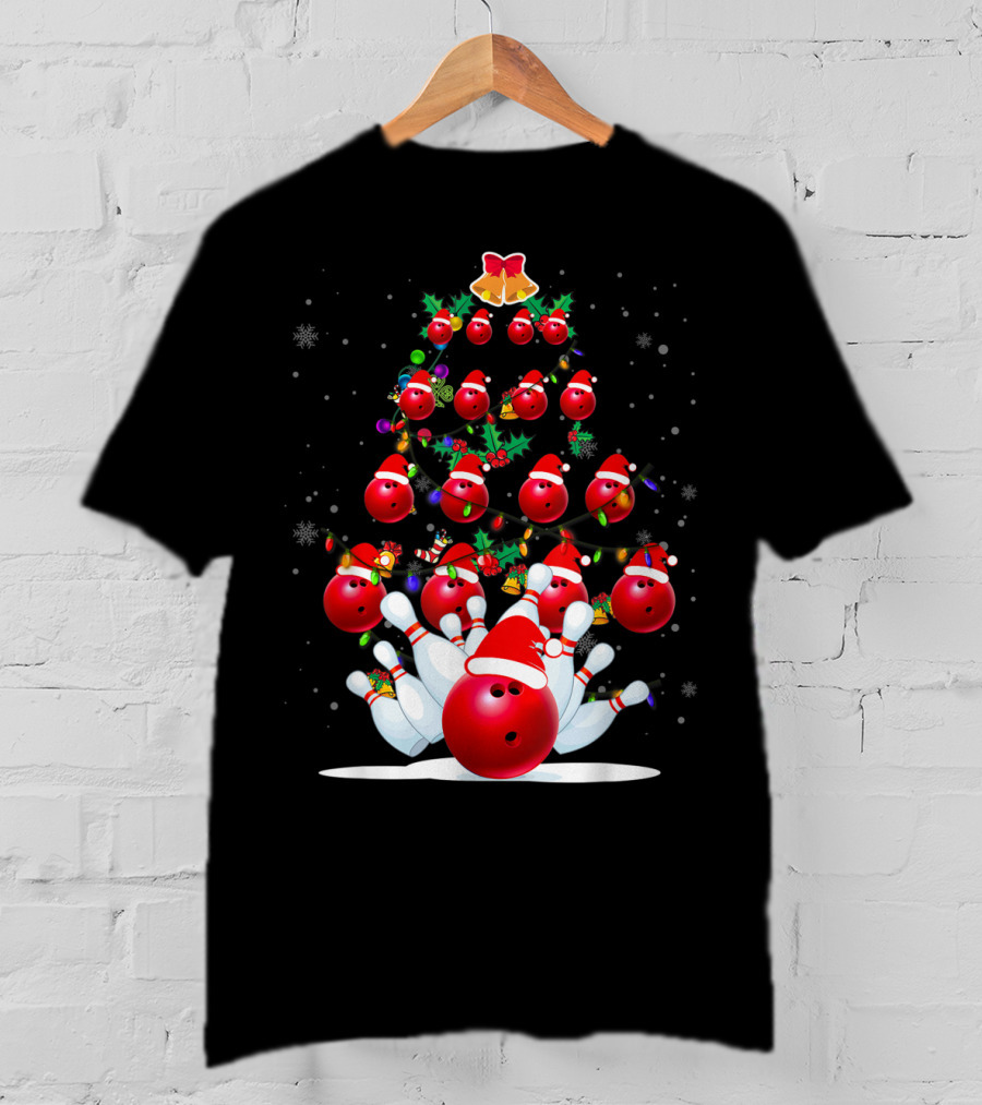 Bowling Ball Christmas Tree With Santa Hats And Snowflakes T-Shirt