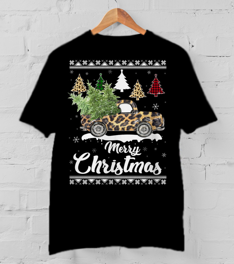 Merry Christmas Leopard Truck Plaid Trees Snowflakes T-Shirt