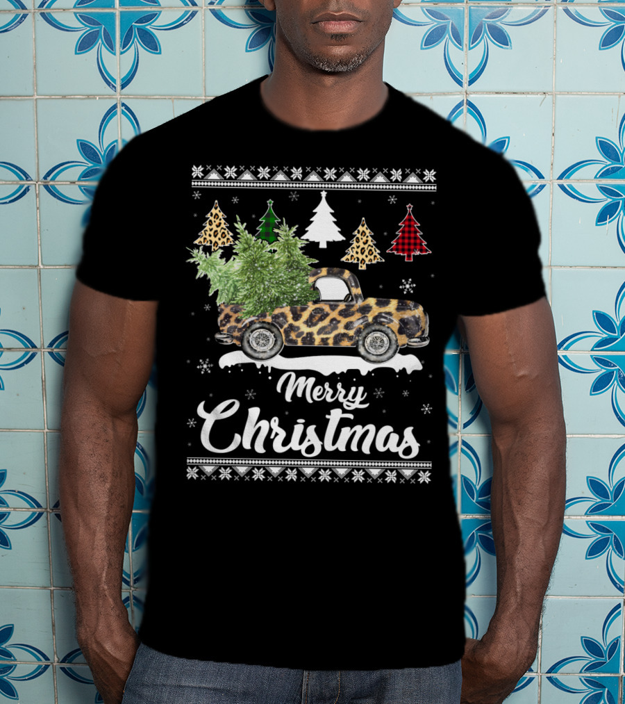 Merry Christmas Leopard Truck Plaid Trees Snowflakes T-Shirt