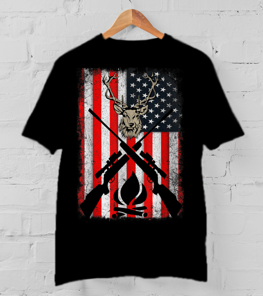 Patriotic Deer Hunting With American Flag And Rifles T-Shirt