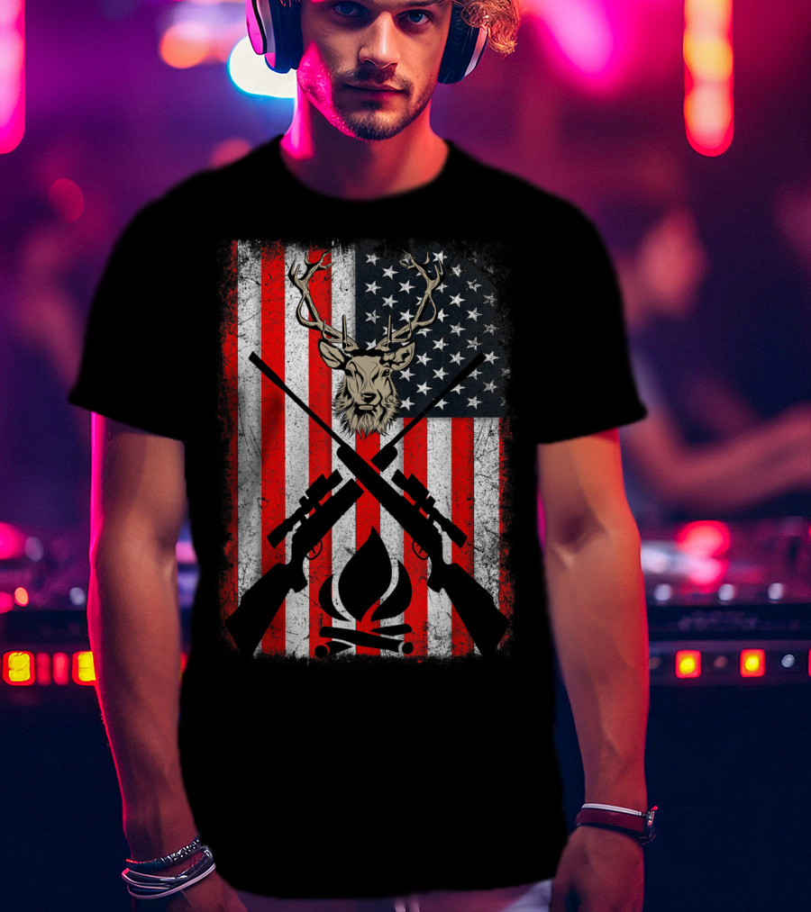 Patriotic Deer Hunting With American Flag And Rifles T-Shirt