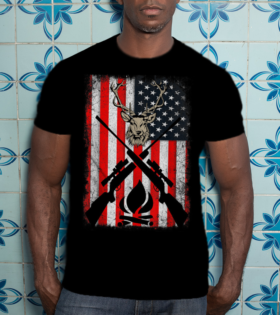 Patriotic Deer Hunting With American Flag And Rifles T-Shirt