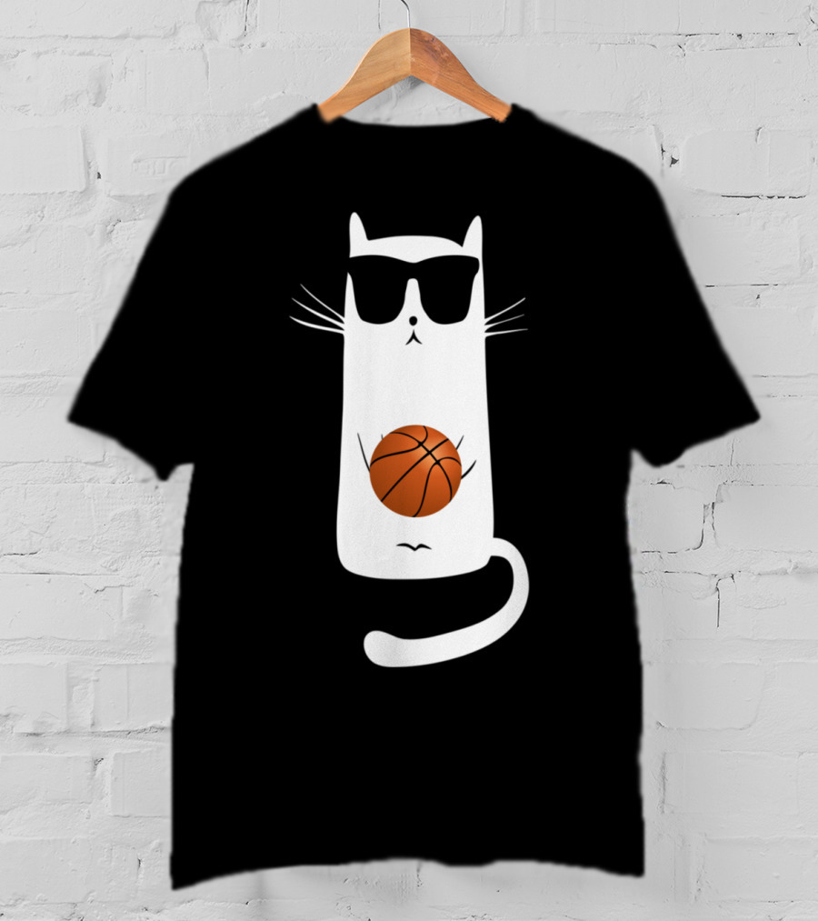 Humorous Sunglass-Wearing Cat With Basketball In Whimsical Pose T-Shirt
