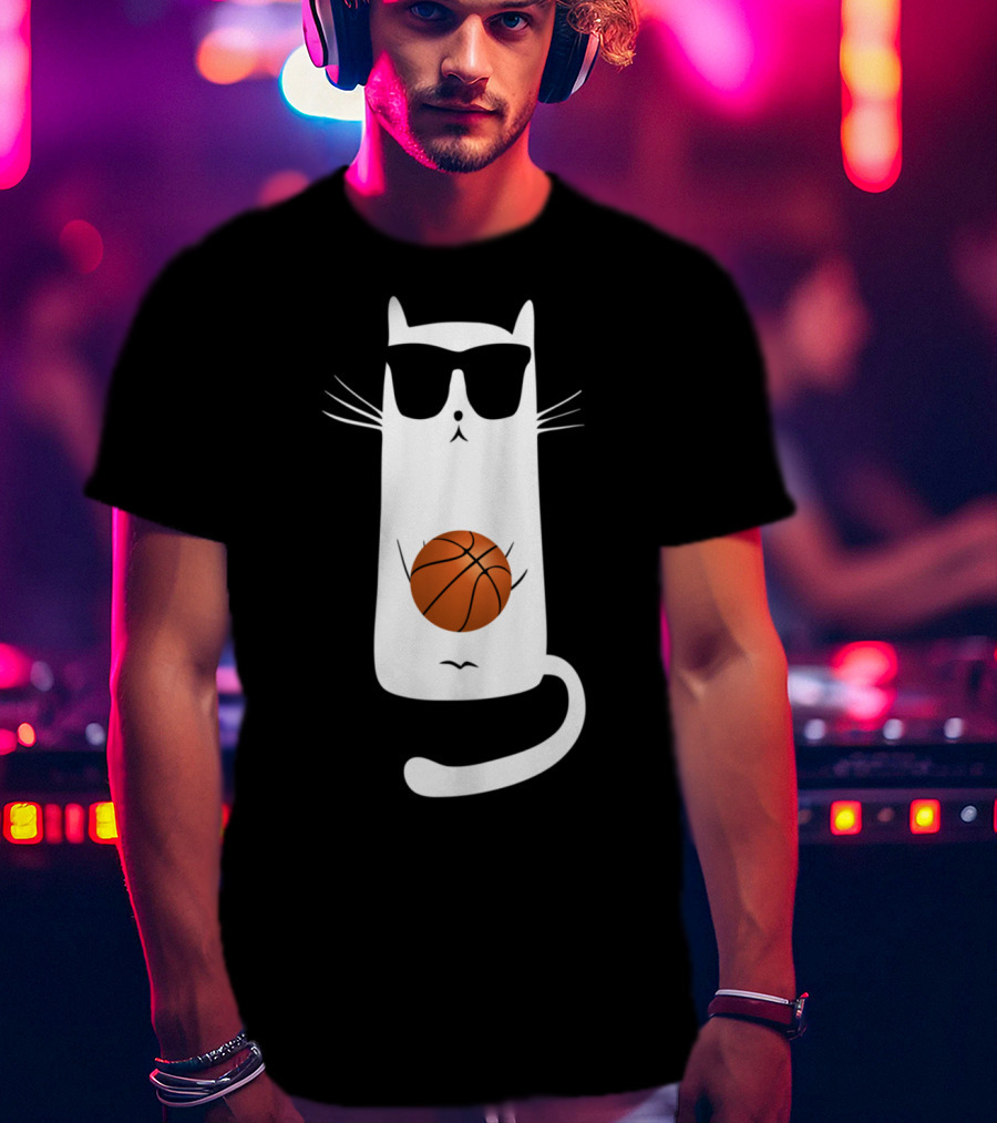 Humorous Sunglass-Wearing Cat With Basketball In Whimsical Pose T-Shirt