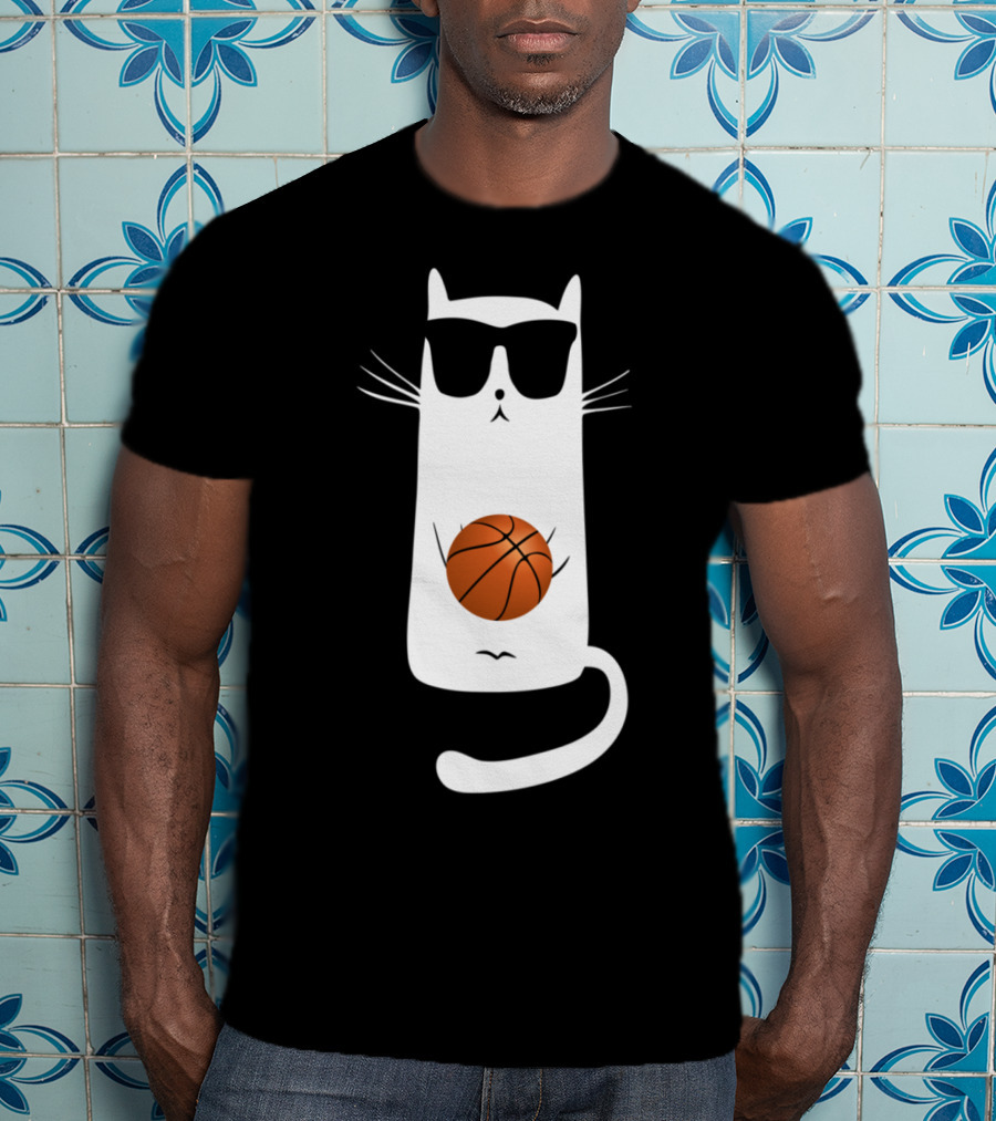 Humorous Sunglass-Wearing Cat With Basketball In Whimsical Pose T-Shirt
