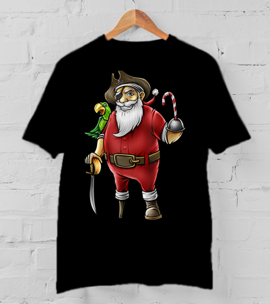 Funny Christmas Pirate Santa With Candy Cane Hook Hand And Parrot T-Shirt