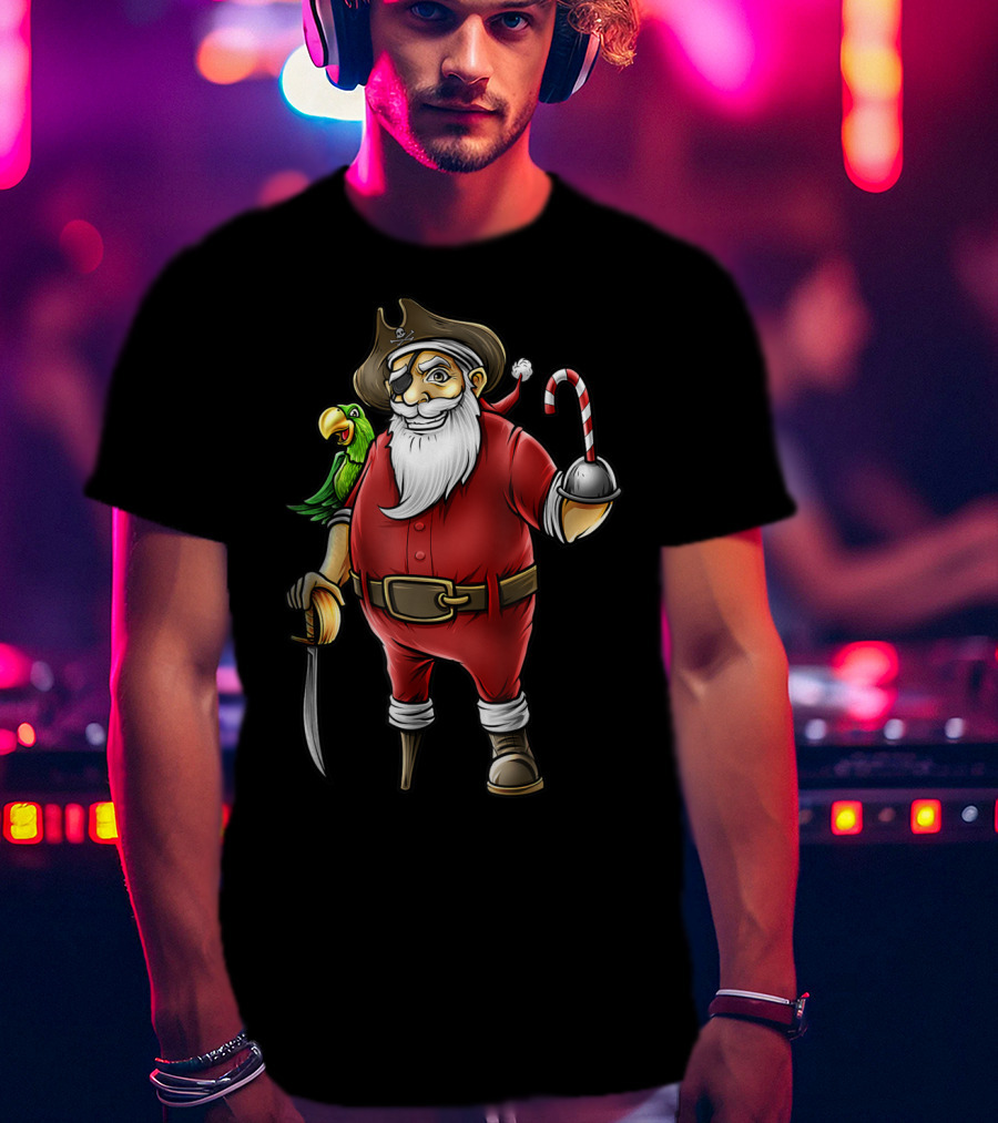 Funny Christmas Pirate Santa With Candy Cane Hook Hand And Parrot T-Shirt