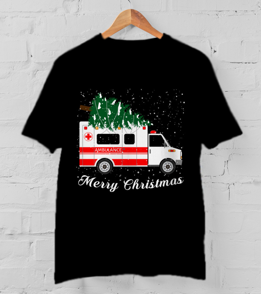 Merry Christmas Ambulance Carrying Christmas Tree In Snowfall T-Shirt