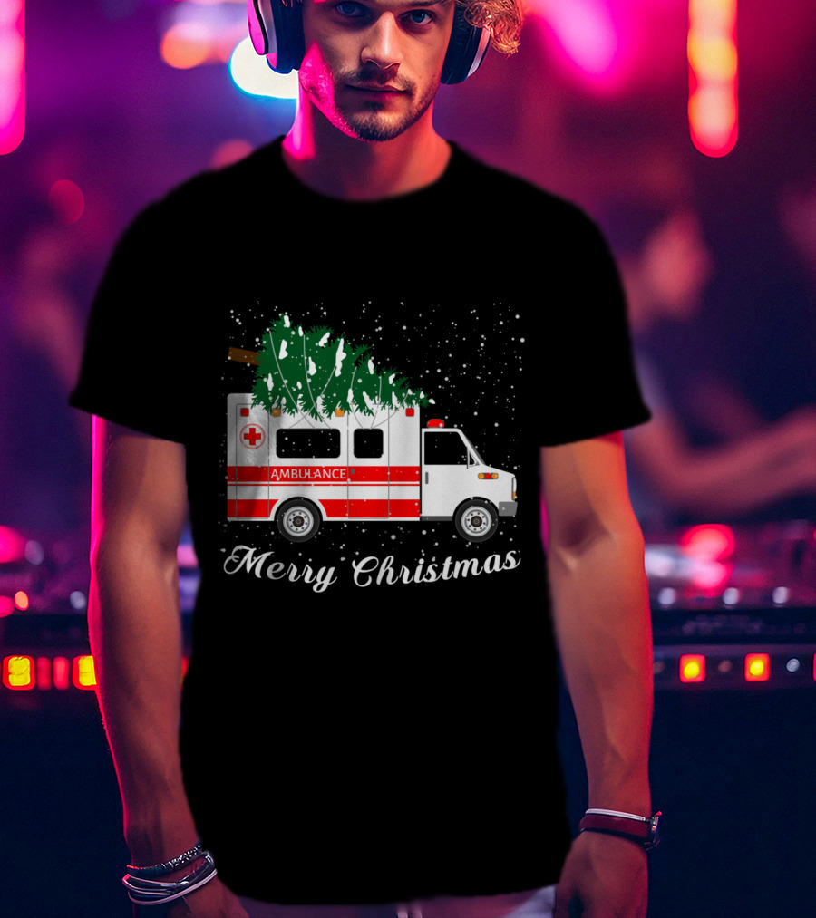 Merry Christmas Ambulance Carrying Christmas Tree In Snowfall T-Shirt