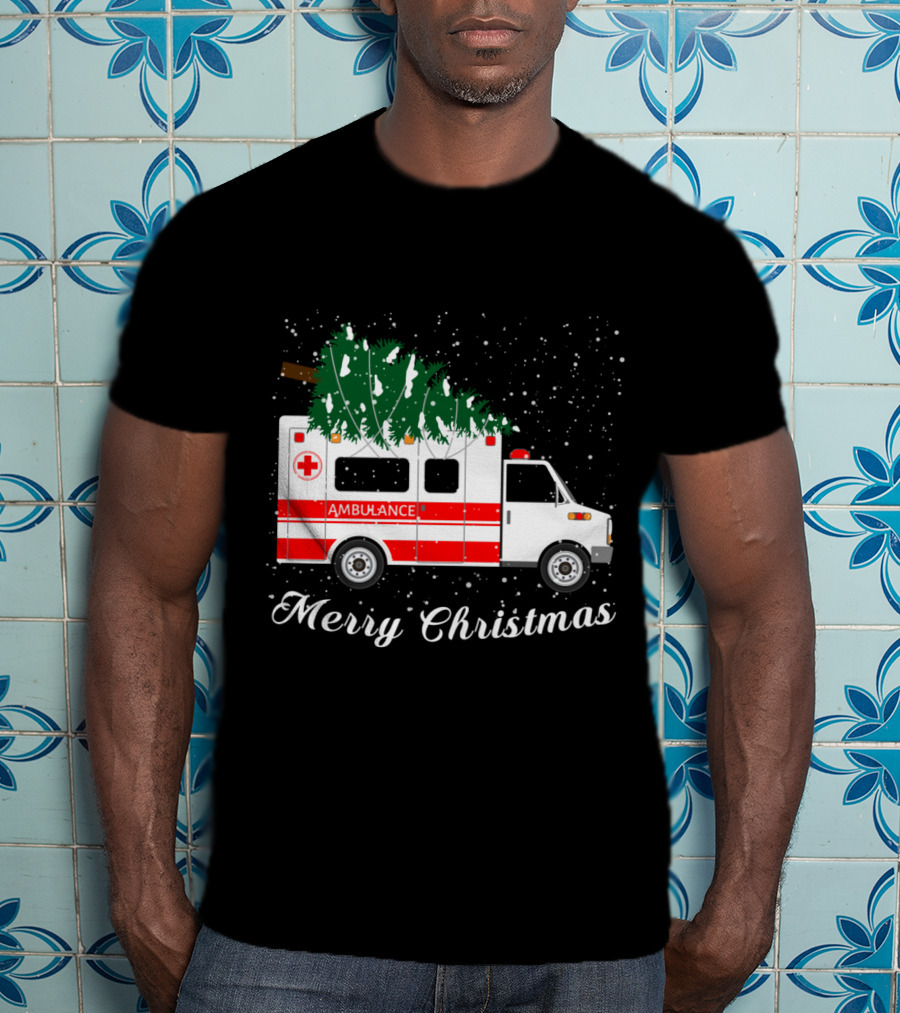 Merry Christmas Ambulance Carrying Christmas Tree In Snowfall T-Shirt
