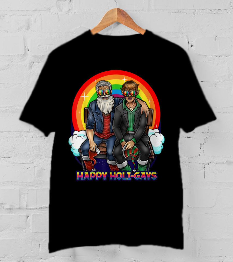 Happy Holi-Gays Funny Rainbow Santa And Elf Christmas T-Shirt