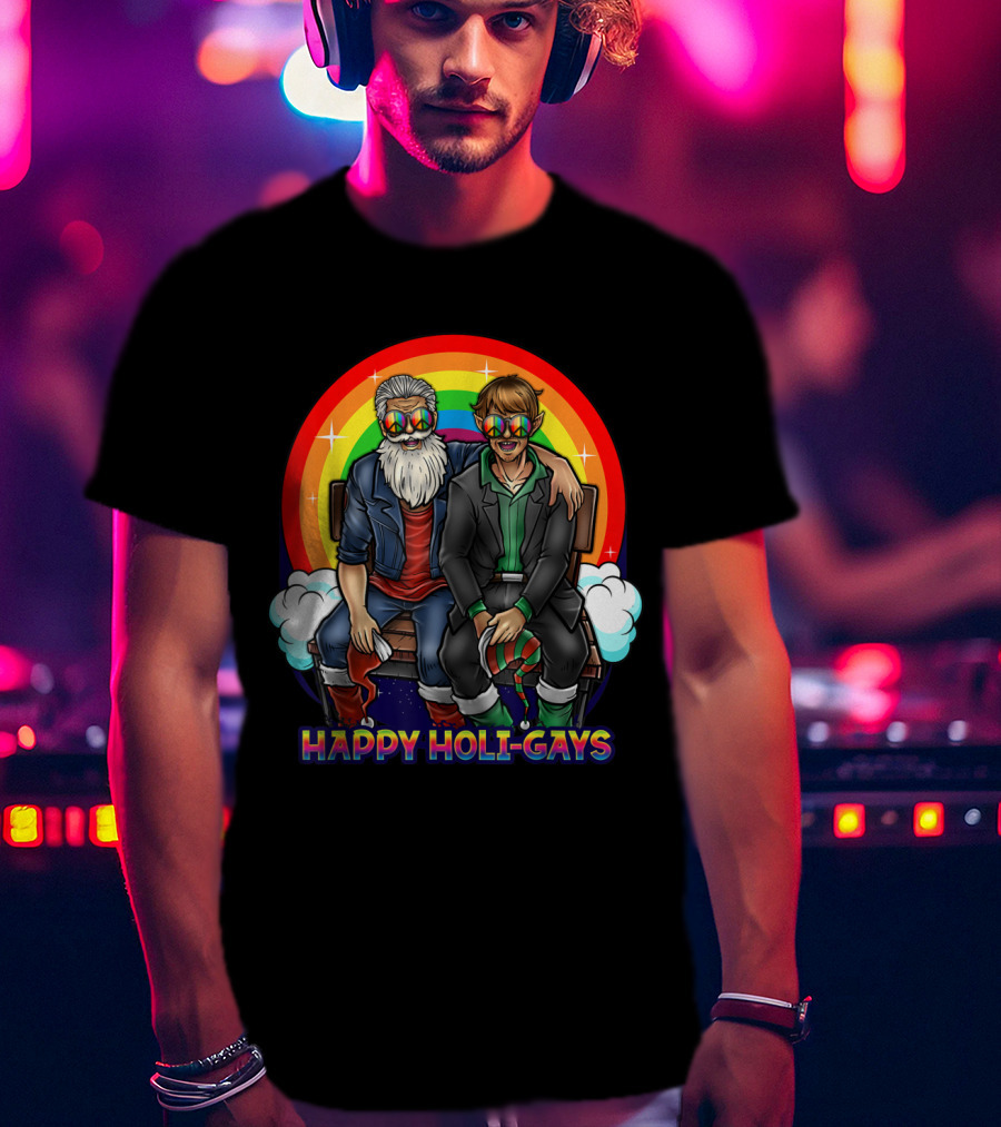 Happy Holi-Gays Funny Rainbow Santa And Elf Christmas T-Shirt