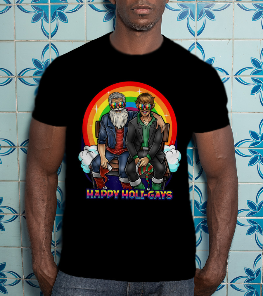 Happy Holi-Gays Funny Rainbow Santa And Elf Christmas T-Shirt
