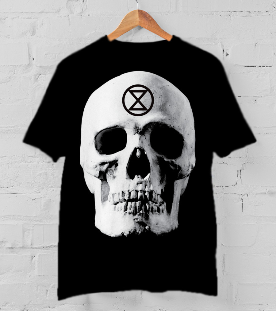 Extinction Rebellion Skull With Hourglass Symbol In Deadly Warning T-Shirt