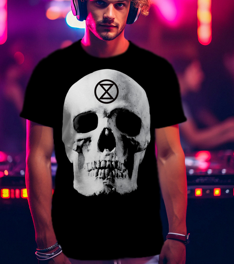 Extinction Rebellion Skull With Hourglass Symbol In Deadly Warning T-Shirt