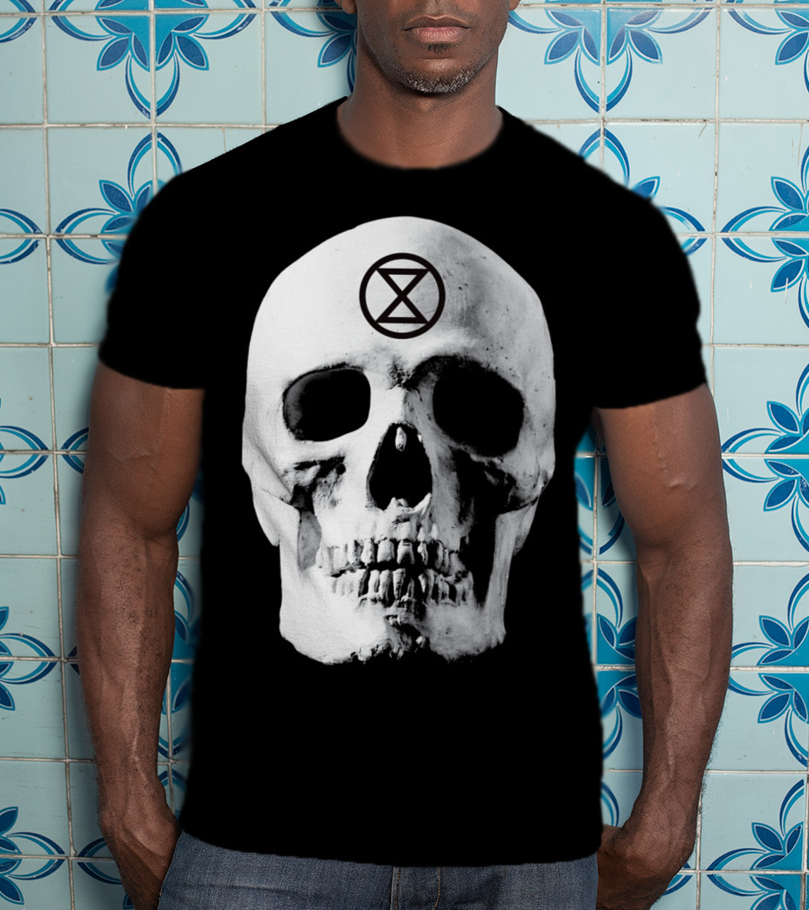 Extinction Rebellion Skull With Hourglass Symbol In Deadly Warning T-Shirt