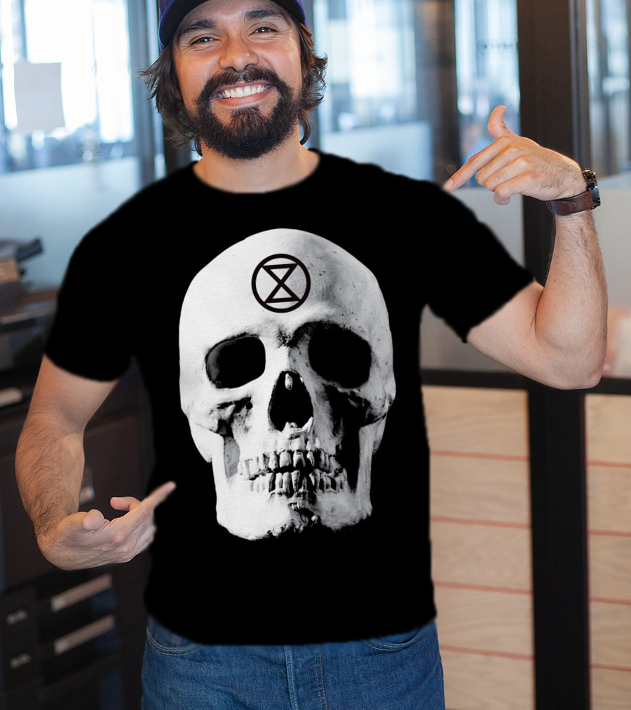 Extinction Rebellion Skull With Hourglass Symbol In Deadly Warning T-Shirt