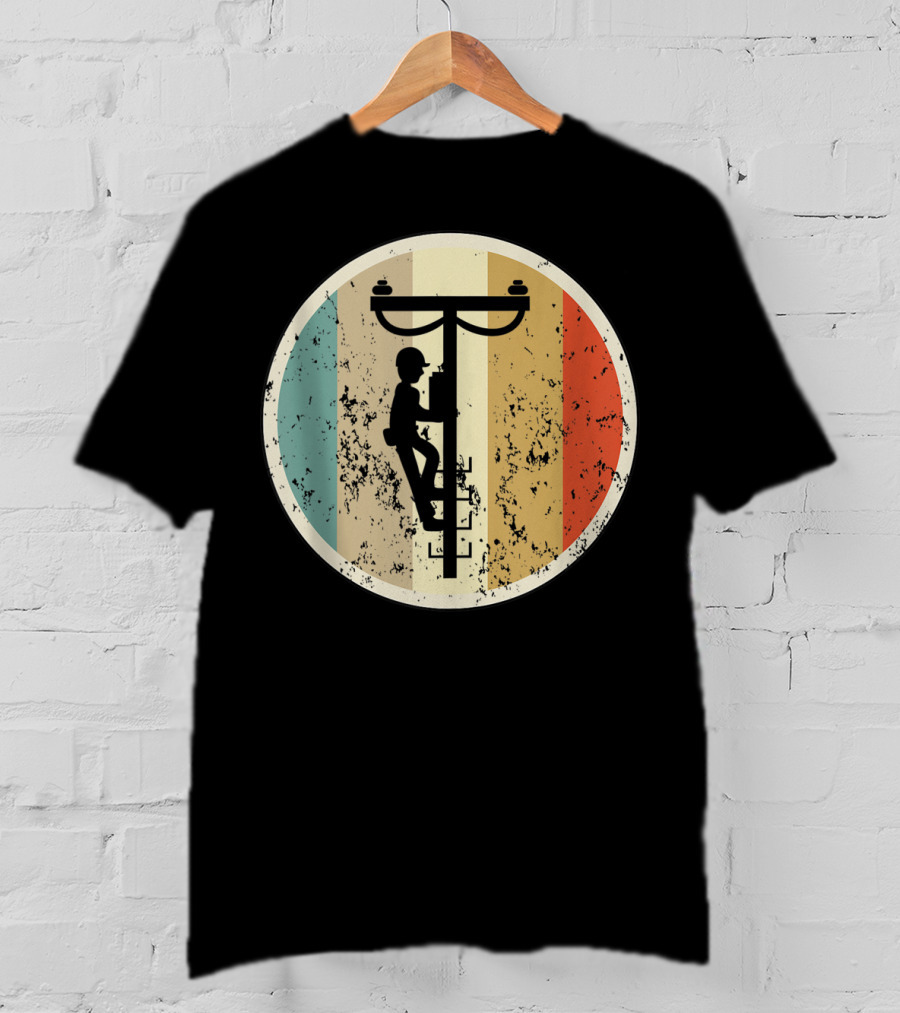 High Voltage Electrician Climbing Power Pole Retro Vintage Electrical T-Shirt