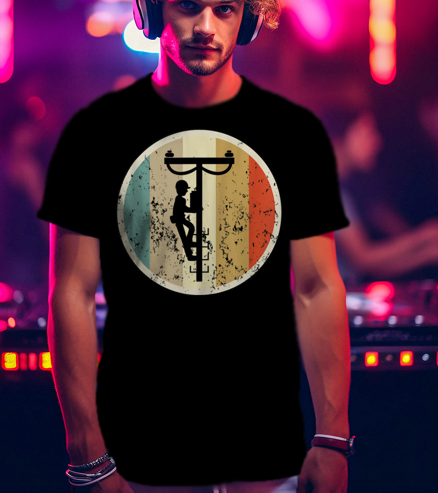 High Voltage Electrician Climbing Power Pole Retro Vintage Electrical T-Shirt