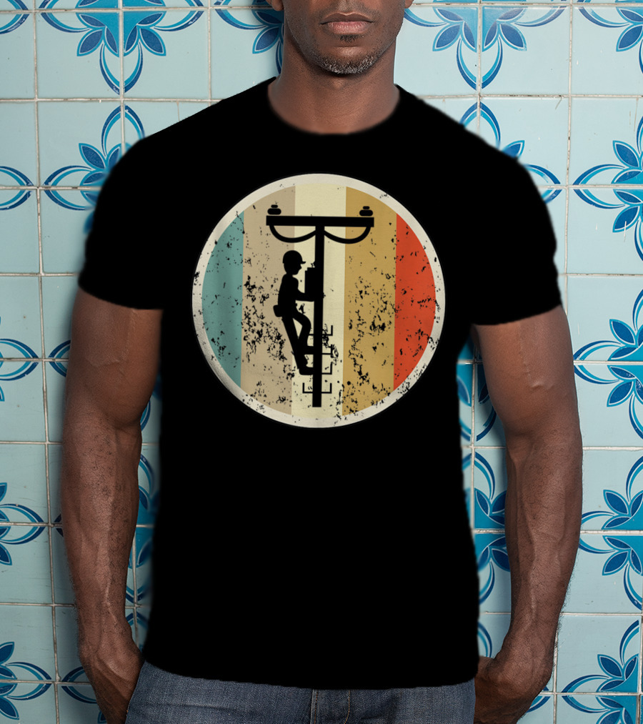 High Voltage Electrician Climbing Power Pole Retro Vintage Electrical T-Shirt