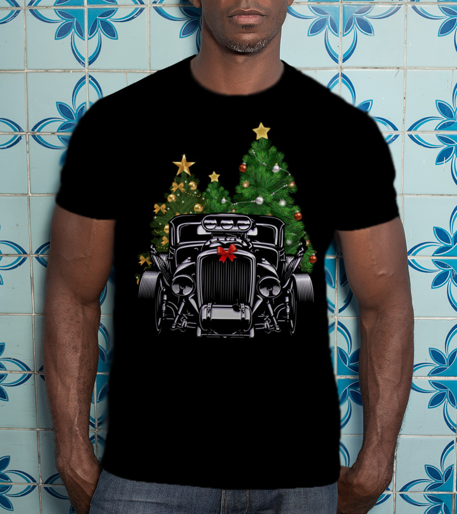 Hot Rod Ugly Christmas Classic American Car With Holiday Tree Decorations T-Shirt