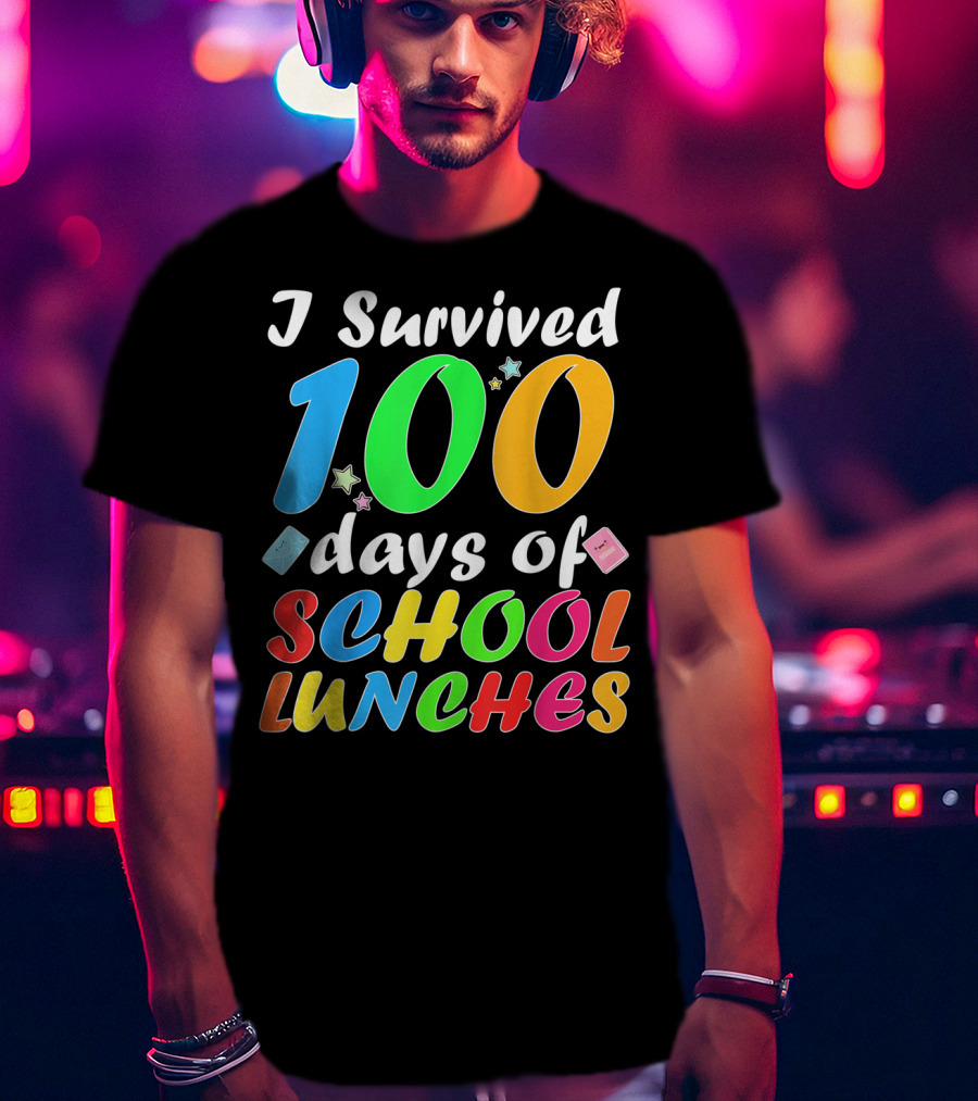 I Survived 100 Days Of School Lunches Colorful Stars And Playful Faces T-Shirt