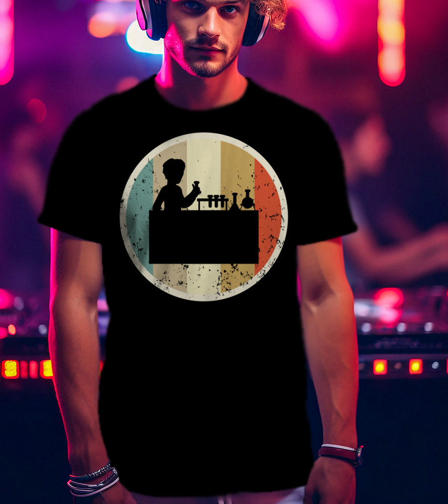 Silhouette Of Laboratory Chemist Technician Science With Retro Stripes T-Shirt
