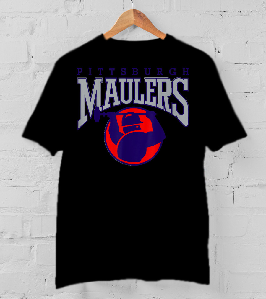 Pittsburgh Maulers Football Team Logo With Hammer Icon In Blue And Red T-Shirt
