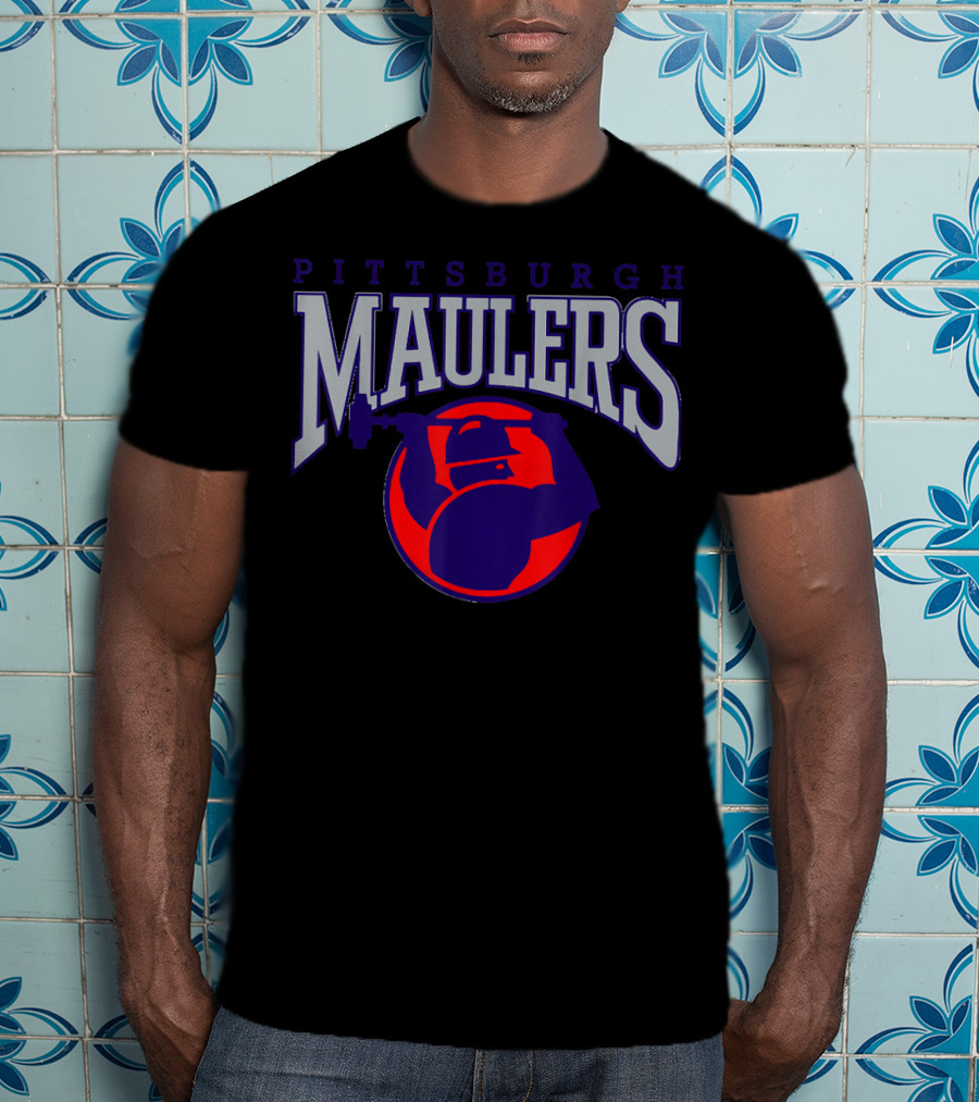 Pittsburgh Maulers Football Team Logo With Hammer Icon In Blue And Red T-Shirt