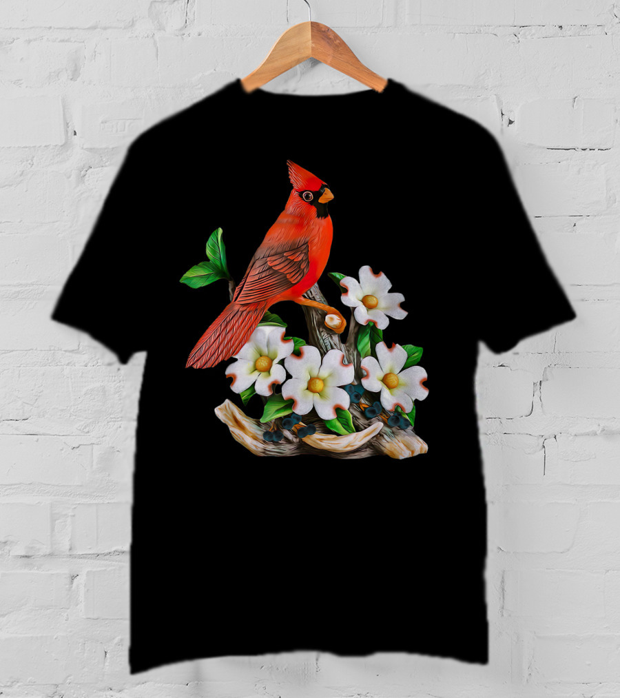 Red Cardinal Birds With White Flowering Blossoms T-Shirt