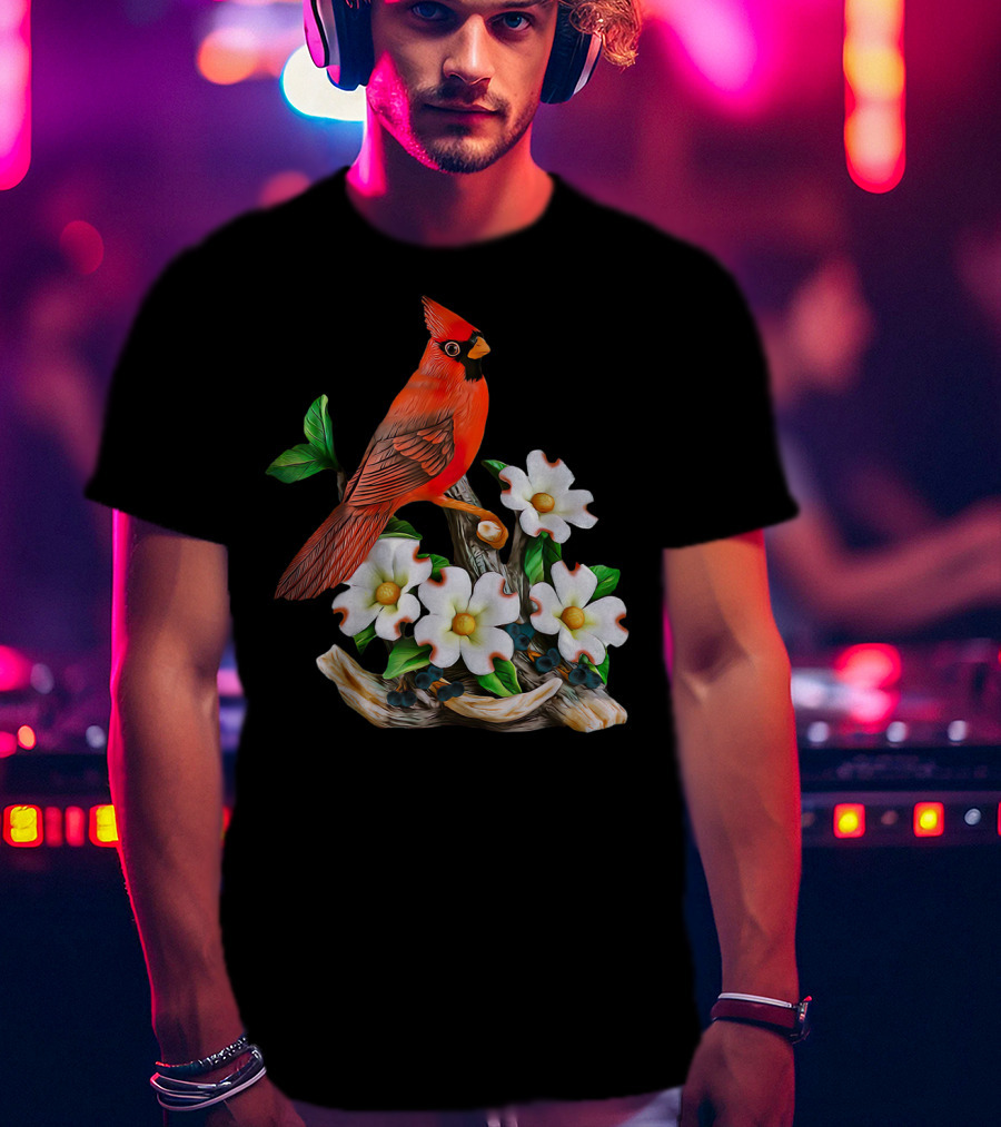 Red Cardinal Birds With White Flowering Blossoms T-Shirt