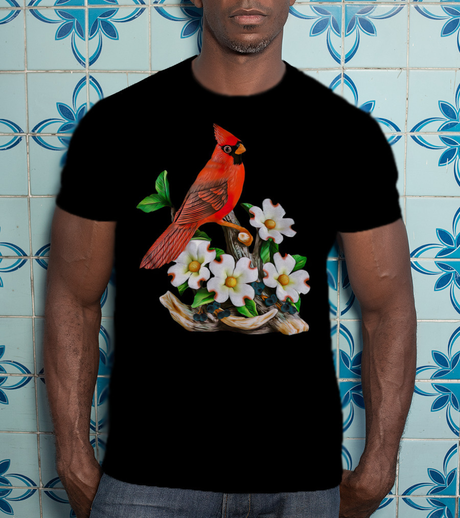 Red Cardinal Birds With White Flowering Blossoms T-Shirt