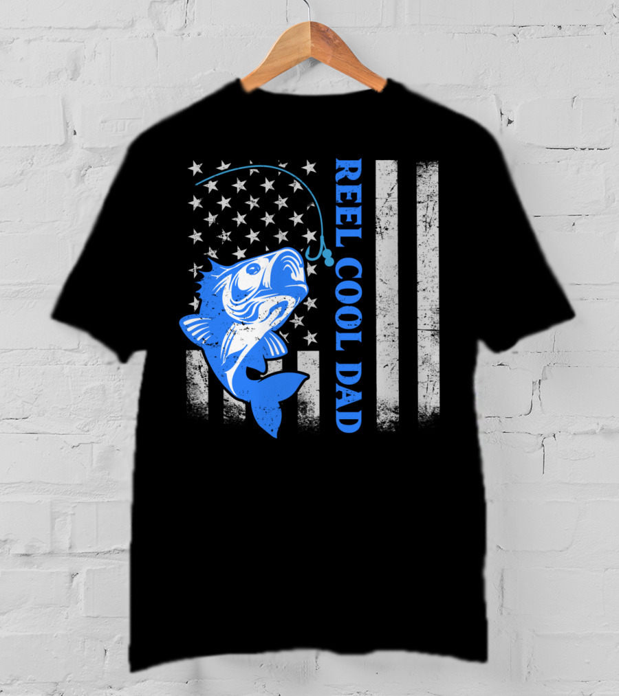 Reel Cool Dad Funny Fishing American Flag Fish T-Shirt