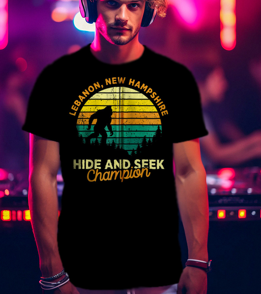 Lebanon New Hampshire Bigfoot Hide And Seek Champion Retro Sunset T-Shirt