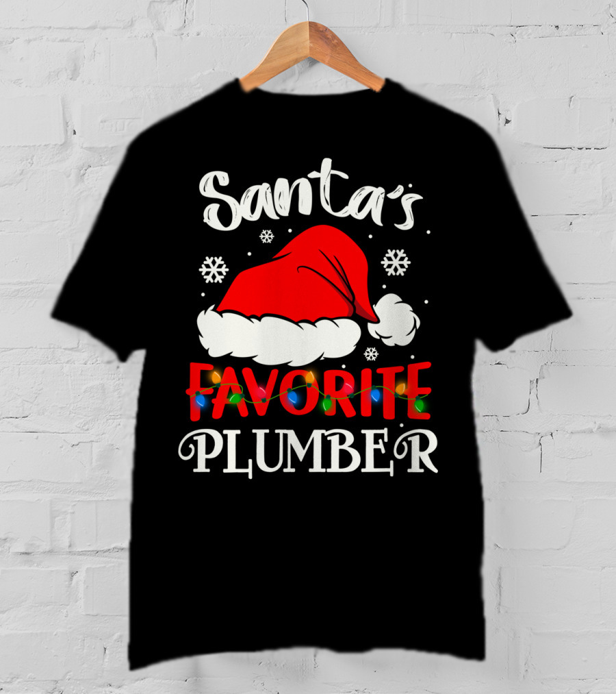 Santa's Favorite Plumber Christmas Hat Snowflakes Lights T-Shirt