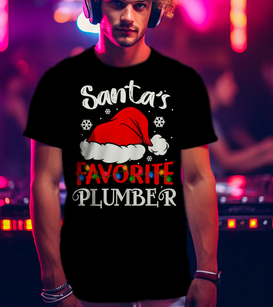 Santa's Favorite Plumber Christmas Hat Snowflakes Lights T-Shirt