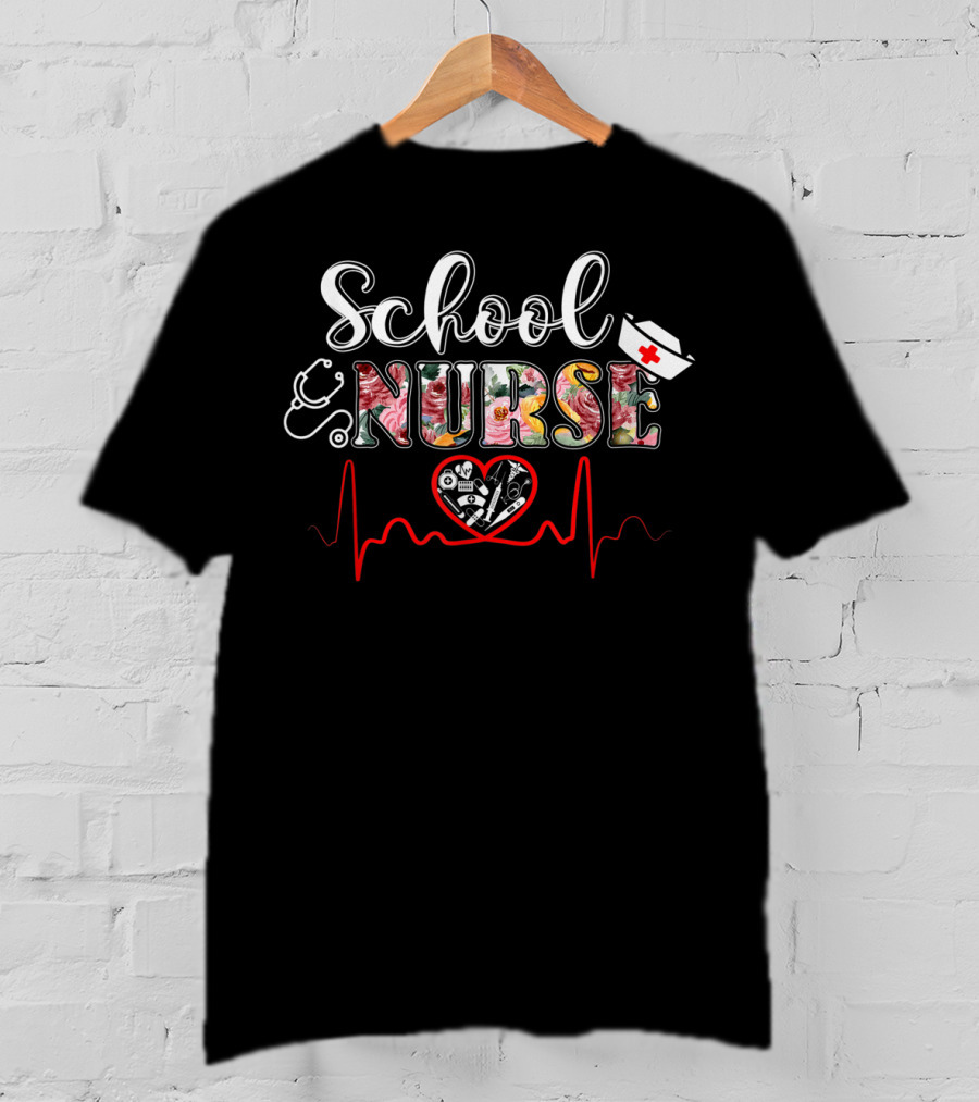 School Nurse Medical Nursing Heartbeat Stethoscope Hat Nurse T-Shirt