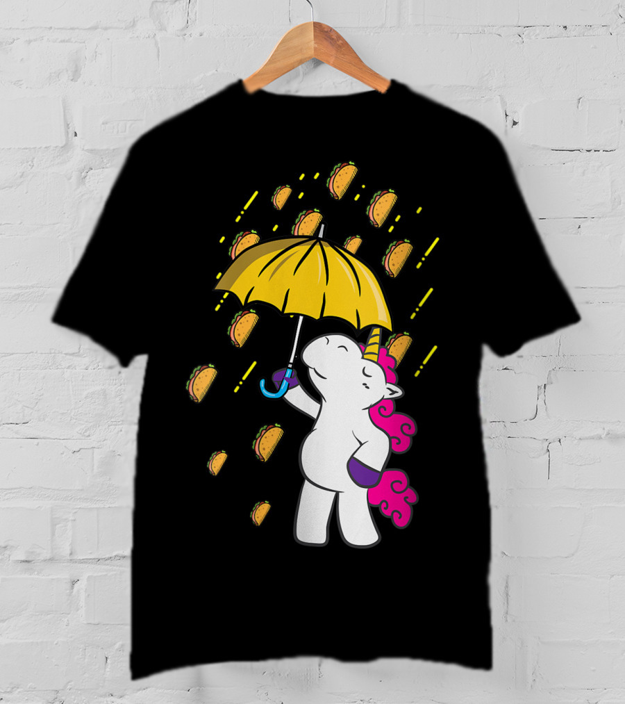Its Raining Tacos Funny Unicorn Holding Yellow Umbrella T-Shirt