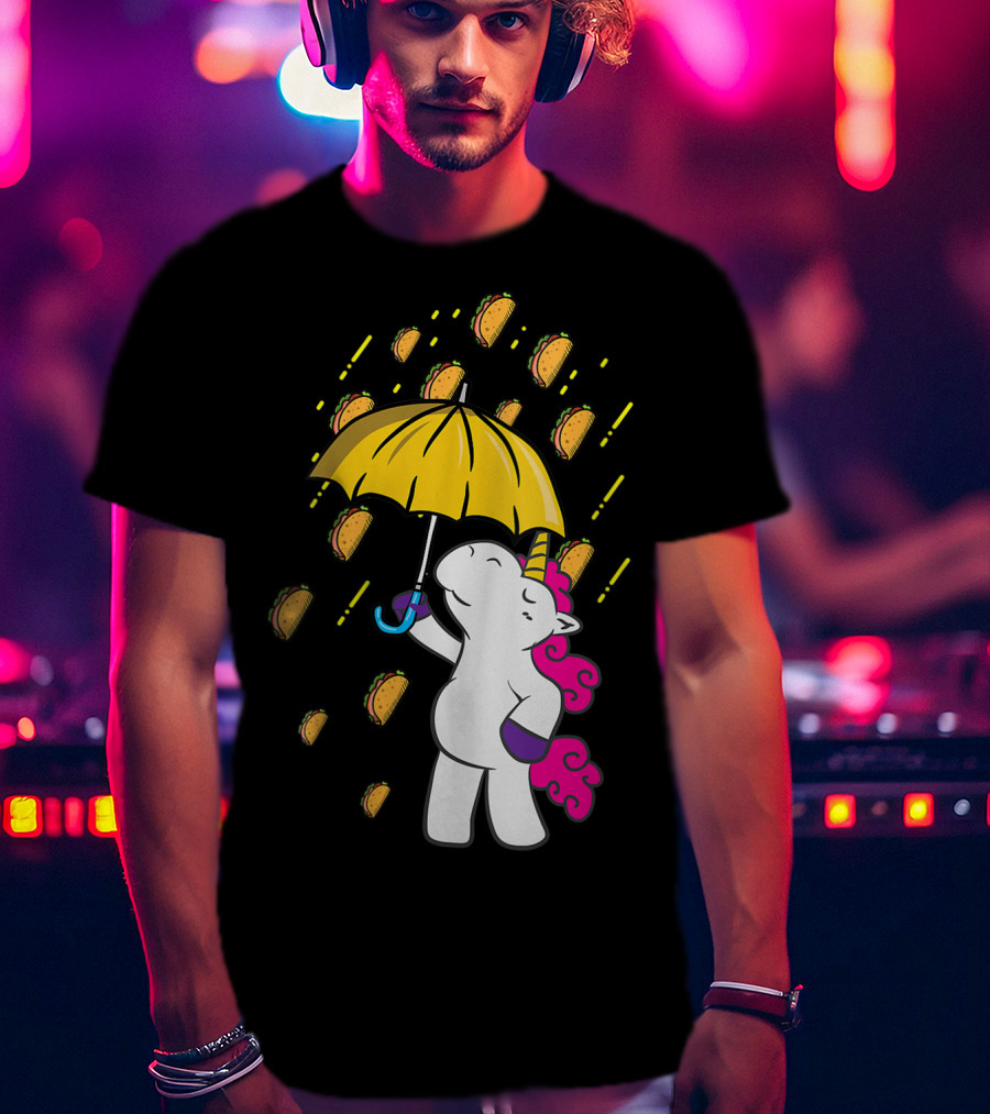 Its Raining Tacos Funny Unicorn Holding Yellow Umbrella T-Shirt