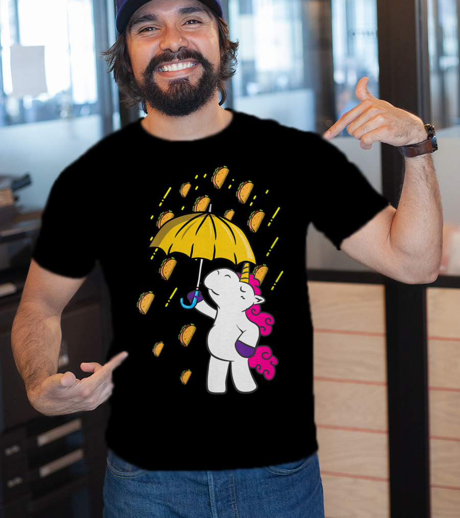Its Raining Tacos Funny Unicorn Holding Yellow Umbrella T-Shirt
