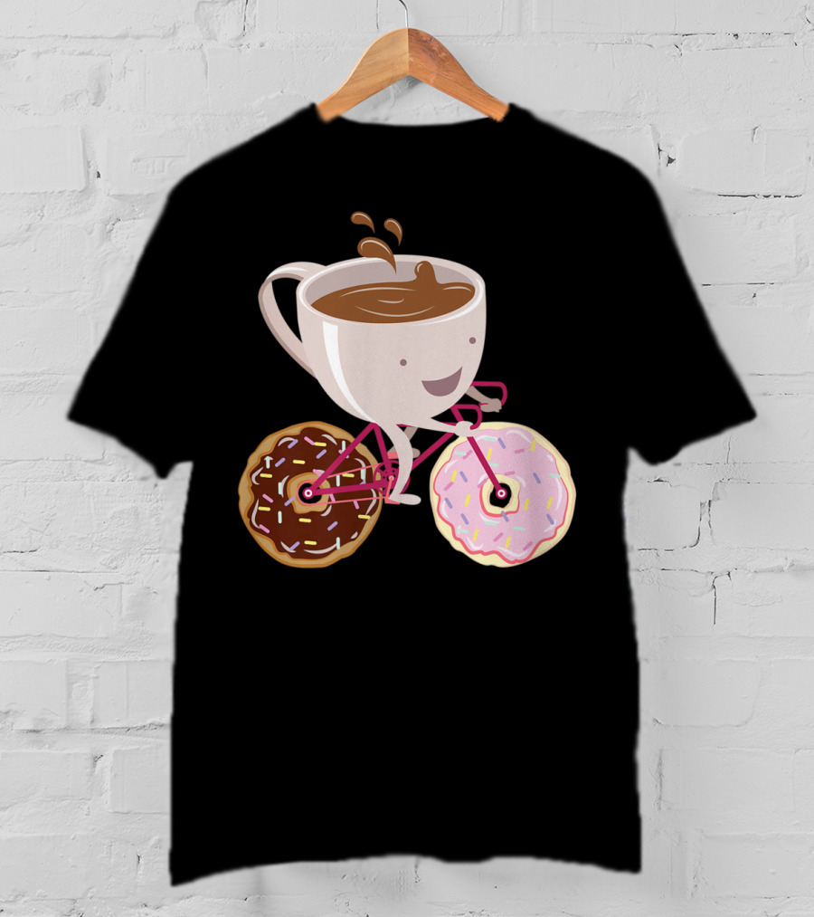 Coffee Cup Riding Bicycle With Donut Wheels Hand Drawn T-Shirt