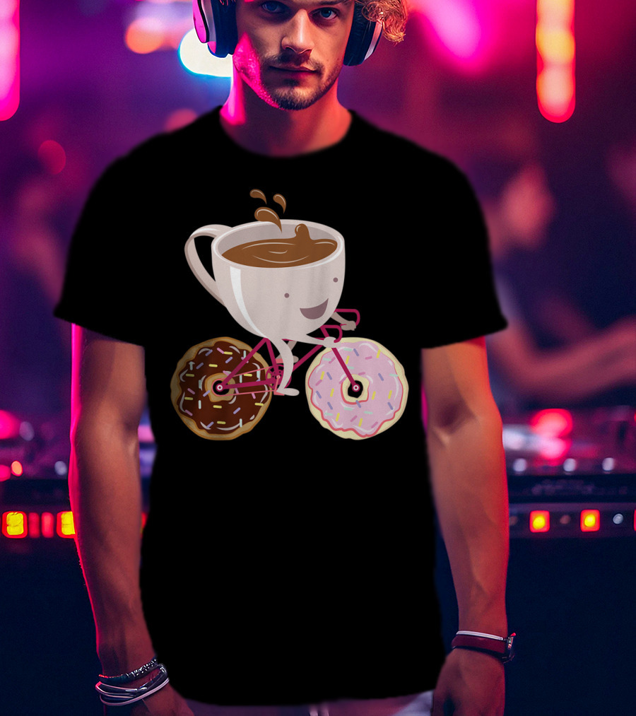 Coffee Cup Riding Bicycle With Donut Wheels Hand Drawn T-Shirt