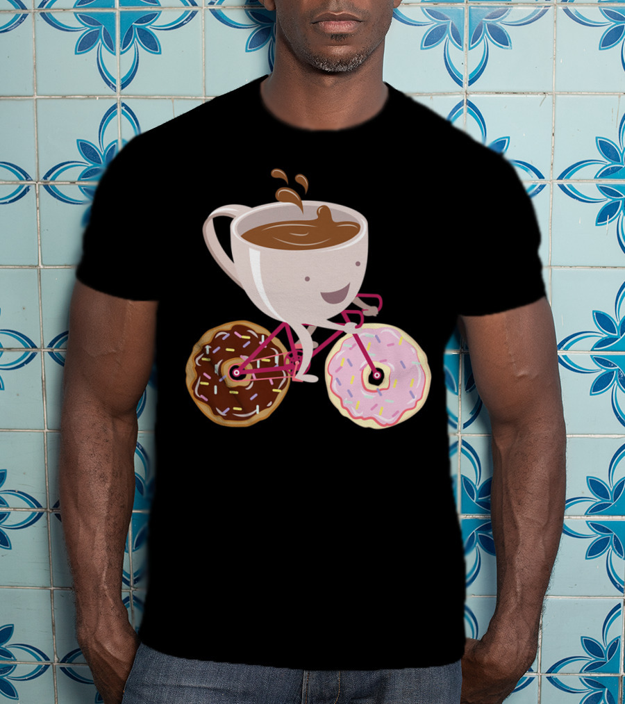 Coffee Cup Riding Bicycle With Donut Wheels Hand Drawn T-Shirt