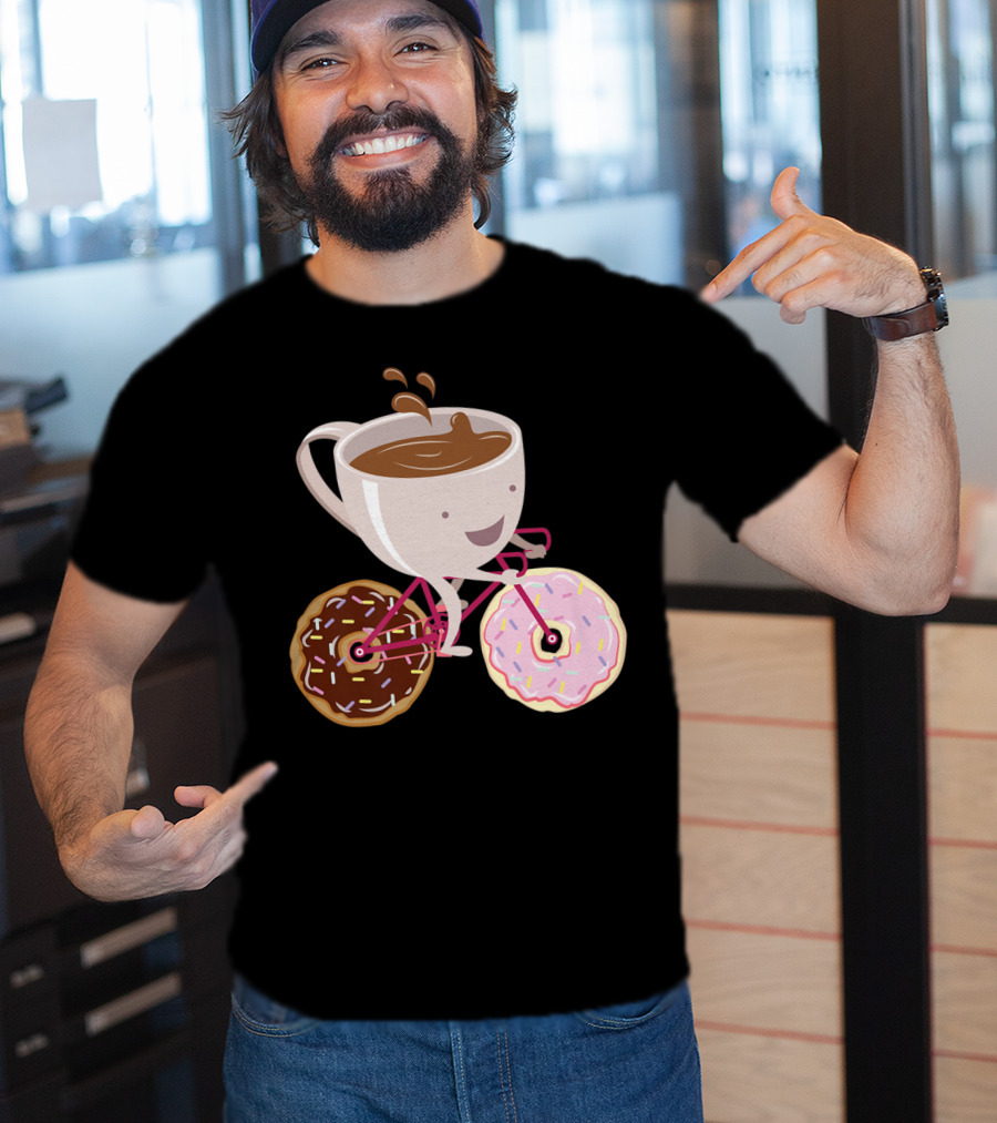 Coffee Cup Riding Bicycle With Donut Wheels Hand Drawn T-Shirt